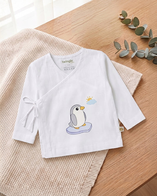 Twingle 100% Organic Cotton Jhabla-Kimono Opening for Easy Dressing-Penguin-White-For Infants