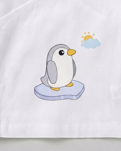 Twingle 100% Organic Cotton Jhabla-Kimono Opening for Easy Dressing-Penguin-White-For Infants