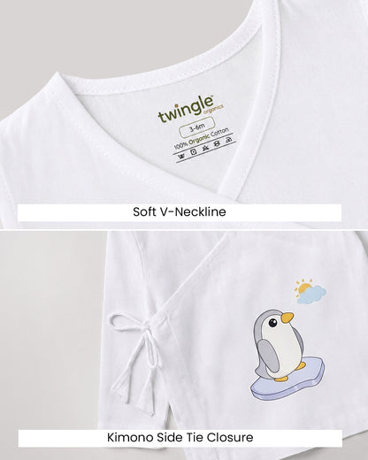 Twingle 100% Organic Cotton Jhabla-Kimono Opening for Easy Dressing-Penguin-White-For Infants
