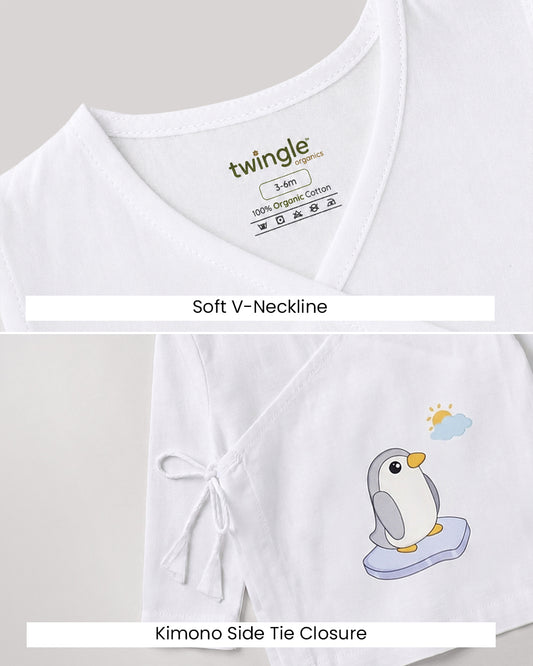 Twingle 100% Organic Cotton Jhabla-Kimono Opening for Easy Dressing-Penguin-White-For Infants