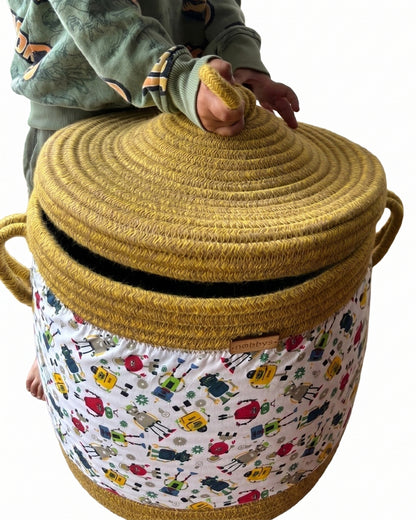 nobbys Multipurpose Toy Basket-with Lid and Handles-for Clothes & Toys-Sturdy & Durable-Robot