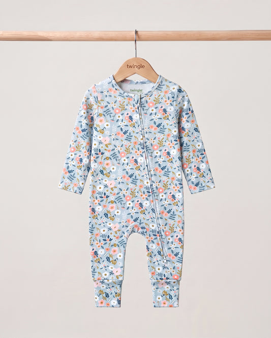 Twingle 100% Organic Cotton Sleepsuit-Zip Guard to Protect Baby's Chin & Neck-Two Way Zipper for Easy Diaper Change-Inbuilt Booties & Mittens-Long Sleeves-Flora Bloom-Multicolor-For Infants