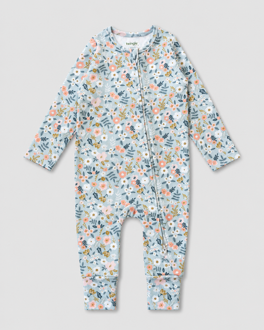 Twingle 100% Organic Cotton Sleepsuit-Zip Guard to Protect Baby's Chin & Neck-Two Way Zipper for Easy Diaper Change-Inbuilt Booties & Mittens-Long Sleeves-Flora Bloom-Multicolor-For Infants