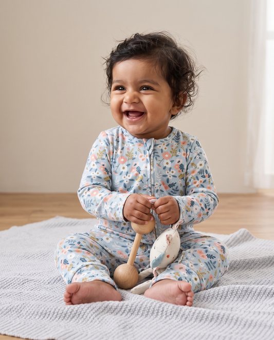 Twingle 100% Organic Cotton Sleepsuit-Zip Guard to Protect Baby's Chin & Neck-Two Way Zipper for Easy Diaper Change-Inbuilt Booties & Mittens-Long Sleeves-Flora Bloom-Multicolor-For Infants