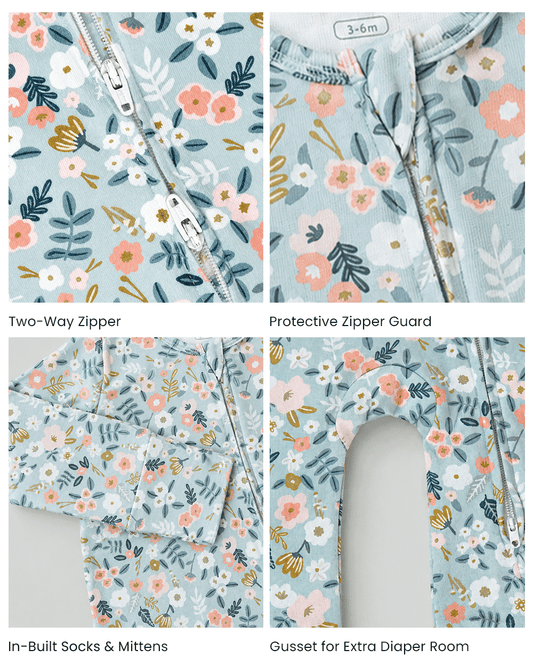 Twingle 100% Organic Cotton Sleepsuit-Zip Guard to Protect Baby's Chin & Neck-Two Way Zipper for Easy Diaper Change-Inbuilt Booties & Mittens-Long Sleeves-Flora Bloom-Multicolor-For Infants