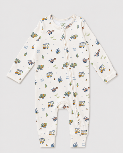Twingle 100% Organic Cotton Sleepsuit-Zip Guard to Protect Baby's Chin & Neck-Two Way Zipper for Easy Diaper Change-Inbuilt Booties & Mittens-Builder Buddies-Beige-For Infants