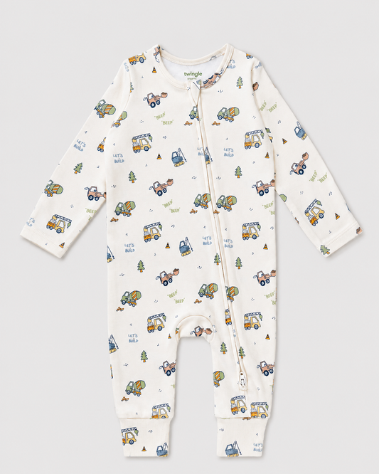 Twingle 100% Organic Cotton Sleepsuit-Zip Guard to Protect Baby's Chin & Neck-Two Way Zipper for Easy Diaper Change-Inbuilt Booties & Mittens-Builder Buddies-Beige-For Infants