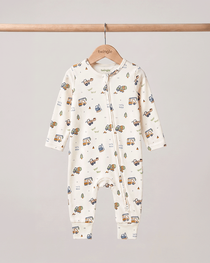 Twingle 100% Organic Cotton Sleepsuit-Zip Guard to Protect Baby's Chin & Neck-Two Way Zipper for Easy Diaper Change-Inbuilt Booties & Mittens-Builder Buddies-Beige-For Infants