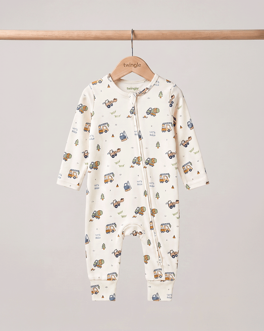 Twingle 100% Organic Cotton Sleepsuit-Zip Guard to Protect Baby's Chin & Neck-Two Way Zipper for Easy Diaper Change-Inbuilt Booties & Mittens-Builder Buddies-Beige-For Infants