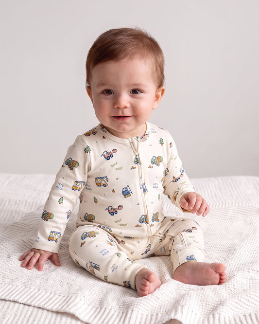 Twingle 100% Organic Cotton Sleepsuit-Zip Guard to Protect Baby's Chin & Neck-Two Way Zipper for Easy Diaper Change-Inbuilt Booties & Mittens-Builder Buddies-Beige-For Infants