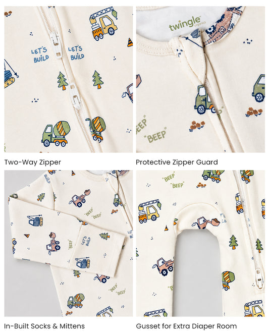 Twingle 100% Organic Cotton Sleepsuit-Zip Guard to Protect Baby's Chin & Neck-Two Way Zipper for Easy Diaper Change-Inbuilt Booties & Mittens-Builder Buddies-Beige-For Infants