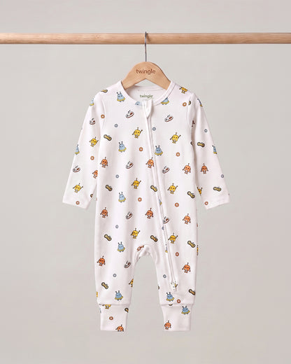 Twingle 100% Organic Cotton Sleepsuit-Zip Guard to Protect Baby's Chin & Neck-Two Way Zipper for Easy Diaper Change-Inbuilt Booties & Mittens-Robo Rides-White-For Infants