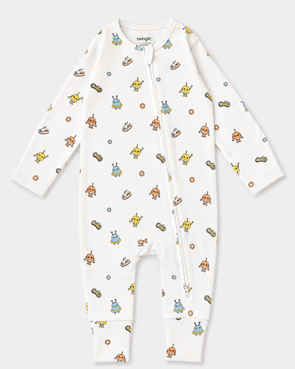 Twingle 100% Organic Cotton Sleepsuit-Zip Guard to Protect Baby's Chin & Neck-Two Way Zipper for Easy Diaper Change-Inbuilt Booties & Mittens-Robo Rides-White-For Infants