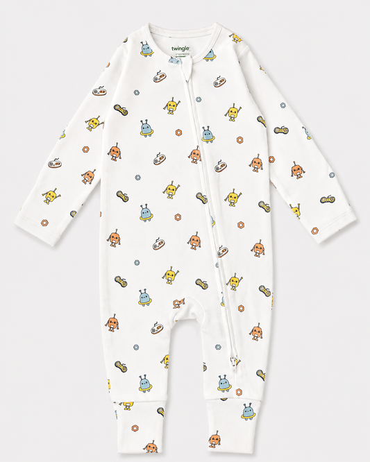 Twingle 100% Organic Cotton Sleepsuit-Zip Guard to Protect Baby's Chin & Neck-Two Way Zipper for Easy Diaper Change-Inbuilt Booties & Mittens-Robo Rides-White-For Infants