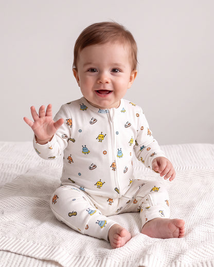 Twingle 100% Organic Cotton Sleepsuit-Zip Guard to Protect Baby's Chin & Neck-Two Way Zipper for Easy Diaper Change-Inbuilt Booties & Mittens-Robo Rides-White-For Infants