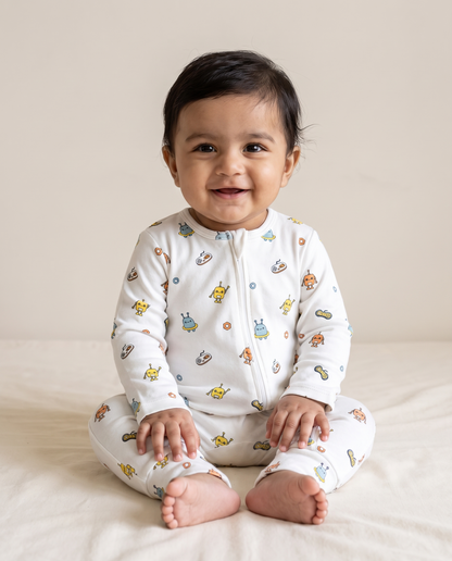 Twingle 100% Organic Cotton Sleepsuit-Zip Guard to Protect Baby's Chin & Neck-Two Way Zipper for Easy Diaper Change-Inbuilt Booties & Mittens-Robo Rides-White-For Infants
