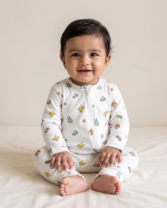 Twingle 100% Organic Cotton Sleepsuit-Zip Guard to Protect Baby's Chin & Neck-Two Way Zipper for Easy Diaper Change-Inbuilt Booties & Mittens-Robo Rides-White-For Infants