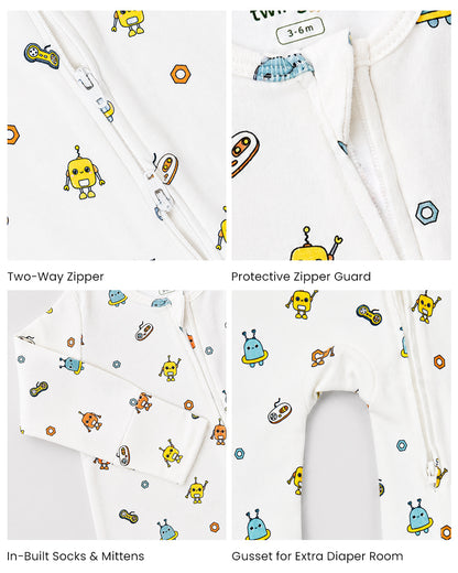 Twingle 100% Organic Cotton Sleepsuit-Zip Guard to Protect Baby's Chin & Neck-Two Way Zipper for Easy Diaper Change-Inbuilt Booties & Mittens-Robo Rides-White-For Infants