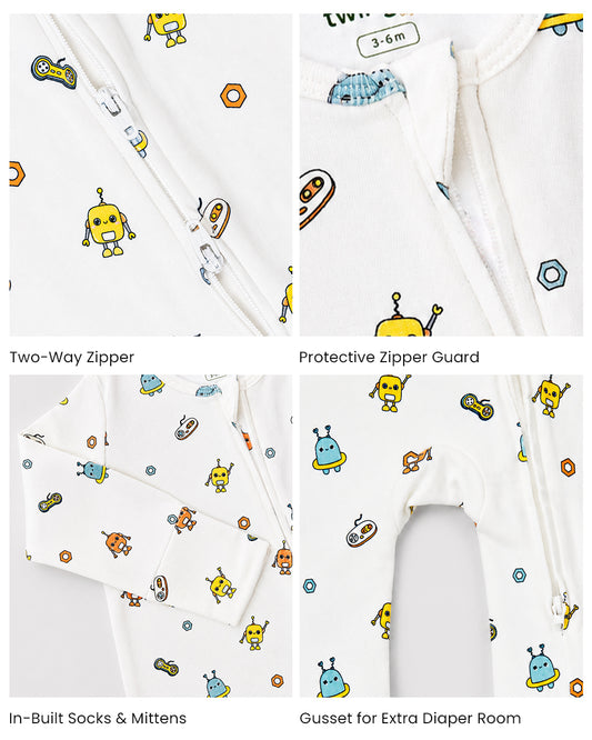 Twingle 100% Organic Cotton Sleepsuit-Zip Guard to Protect Baby's Chin & Neck-Two Way Zipper for Easy Diaper Change-Inbuilt Booties & Mittens-Robo Rides-White-For Infants