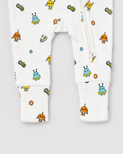 Twingle 100% Organic Cotton Sleepsuit-Zip Guard to Protect Baby's Chin & Neck-Two Way Zipper for Easy Diaper Change-Inbuilt Booties & Mittens-Robo Rides-White-For Infants