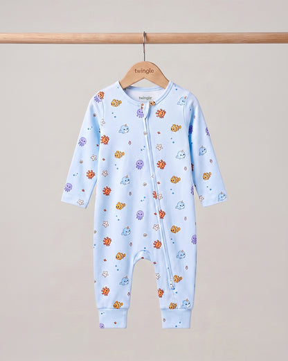 Twingle 100% Organic Cotton Sleepsuit-Zip Guard to Protect Baby's Chin & Neck-Two Way Zipper for Easy Diaper Change-Inbuilt Booties & Mittens-Aqua Squad-Light Blue-For Infants