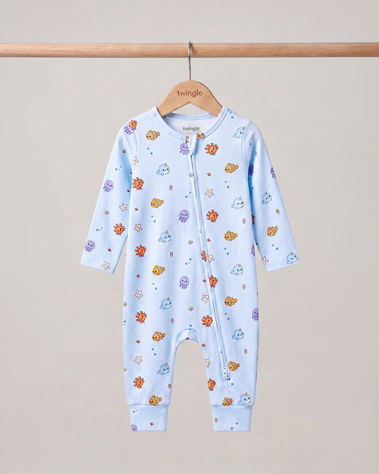 Twingle 100% Organic Cotton Sleepsuit-Zip Guard to Protect Baby's Chin & Neck-Two Way Zipper for Easy Diaper Change-Inbuilt Booties & Mittens-Aqua Squad-Light Blue-For Infants