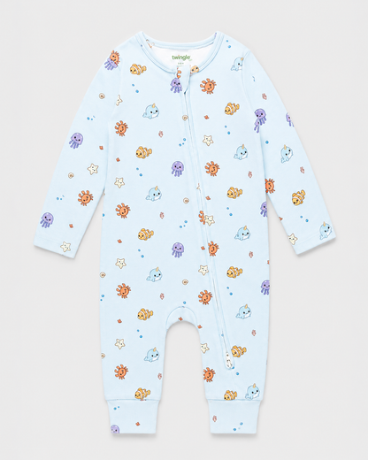 Twingle 100% Organic Cotton Sleepsuit-Zip Guard to Protect Baby's Chin & Neck-Two Way Zipper for Easy Diaper Change-Inbuilt Booties & Mittens-Aqua Squad-Light Blue-For Infants