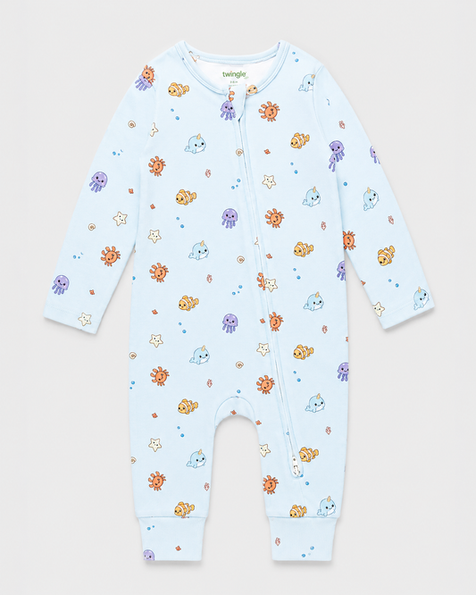 Twingle 100% Organic Cotton Sleepsuit-Zip Guard to Protect Baby's Chin & Neck-Two Way Zipper for Easy Diaper Change-Inbuilt Booties & Mittens-Aqua Squad-Light Blue-For Infants