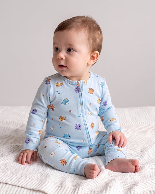 Twingle 100% Organic Cotton Sleepsuit-Zip Guard to Protect Baby's Chin & Neck-Two Way Zipper for Easy Diaper Change-Inbuilt Booties & Mittens-Aqua Squad-Light Blue-For Infants