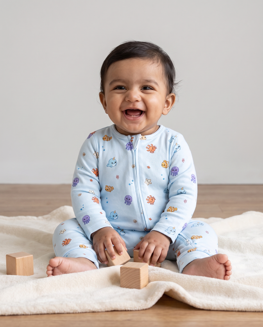 Twingle 100% Organic Cotton Sleepsuit-Zip Guard to Protect Baby's Chin & Neck-Two Way Zipper for Easy Diaper Change-Inbuilt Booties & Mittens-Aqua Squad-Light Blue-For Infants