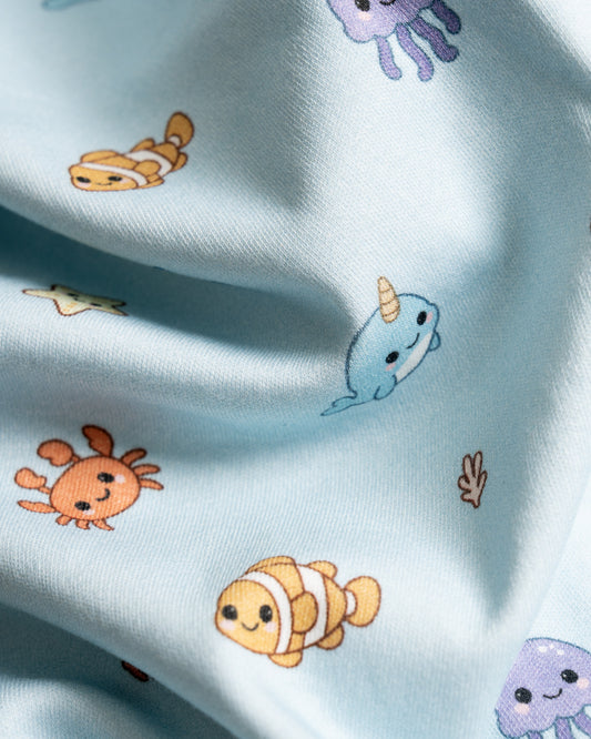 Twingle 100% Organic Cotton Sleepsuit-Zip Guard to Protect Baby's Chin & Neck-Two Way Zipper for Easy Diaper Change-Inbuilt Booties & Mittens-Aqua Squad-Light Blue-For Infants