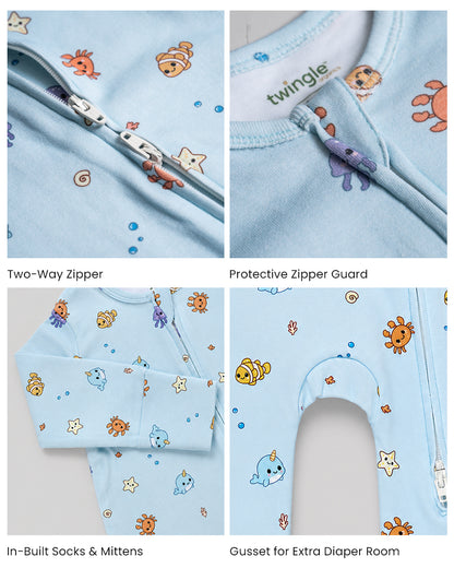 Twingle 100% Organic Cotton Sleepsuit-Zip Guard to Protect Baby's Chin & Neck-Two Way Zipper for Easy Diaper Change-Inbuilt Booties & Mittens-Aqua Squad-Light Blue-For Infants