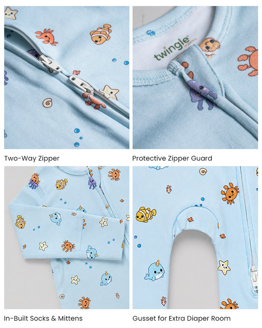 Twingle 100% Organic Cotton Sleepsuit-Zip Guard to Protect Baby's Chin & Neck-Two Way Zipper for Easy Diaper Change-Inbuilt Booties & Mittens-Aqua Squad-Light Blue-For Infants