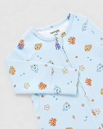 Twingle 100% Organic Cotton Sleepsuit-Zip Guard to Protect Baby's Chin & Neck-Two Way Zipper for Easy Diaper Change-Inbuilt Booties & Mittens-Aqua Squad-Light Blue-For Infants