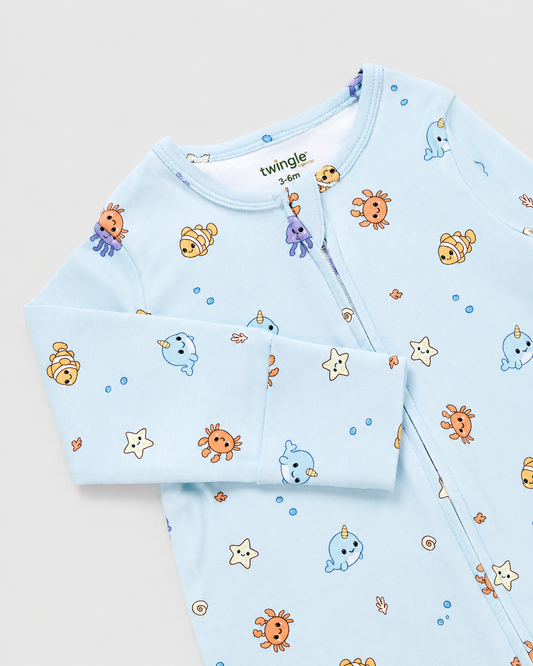 Twingle 100% Organic Cotton Sleepsuit-Zip Guard to Protect Baby's Chin & Neck-Two Way Zipper for Easy Diaper Change-Inbuilt Booties & Mittens-Aqua Squad-Light Blue-For Infants