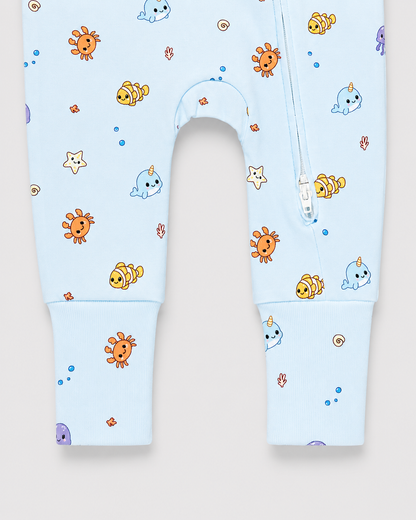 Twingle 100% Organic Cotton Sleepsuit-Zip Guard to Protect Baby's Chin & Neck-Two Way Zipper for Easy Diaper Change-Inbuilt Booties & Mittens-Aqua Squad-Light Blue-For Infants