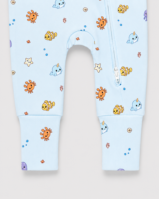 Twingle 100% Organic Cotton Sleepsuit-Zip Guard to Protect Baby's Chin & Neck-Two Way Zipper for Easy Diaper Change-Inbuilt Booties & Mittens-Aqua Squad-Light Blue-For Infants