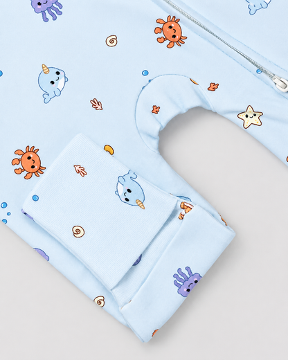 Twingle 100% Organic Cotton Sleepsuit-Zip Guard to Protect Baby's Chin & Neck-Two Way Zipper for Easy Diaper Change-Inbuilt Booties & Mittens-Aqua Squad-Light Blue-For Infants
