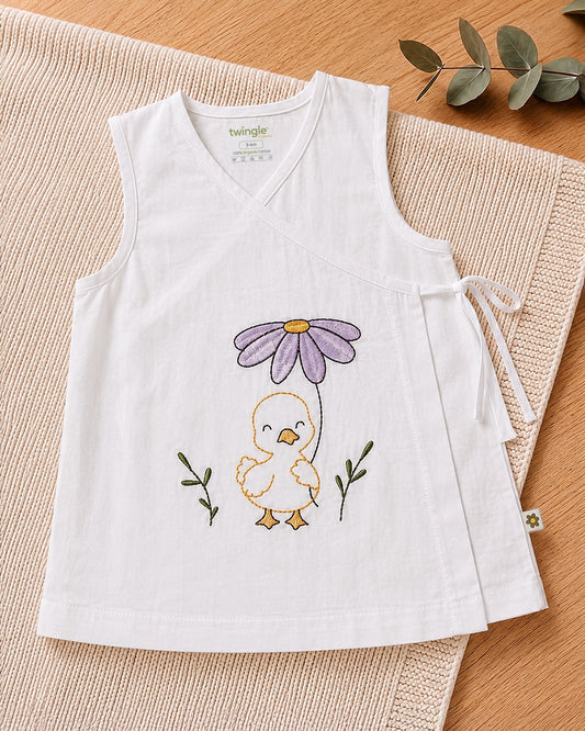 Twingle 100% Organic Cotton Frock Dress With Bloomer-Kimono Opening for Easy Dressing-Sleeveless-Embroidered-Duck-White-For Infants