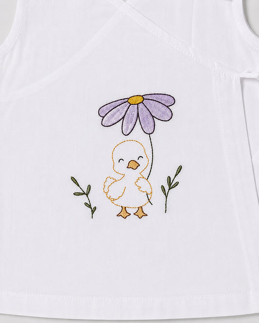 Twingle 100% Organic Cotton Frock Dress With Bloomer-Kimono Opening for Easy Dressing-Sleeveless-Embroidered-Duck-White-For Infants