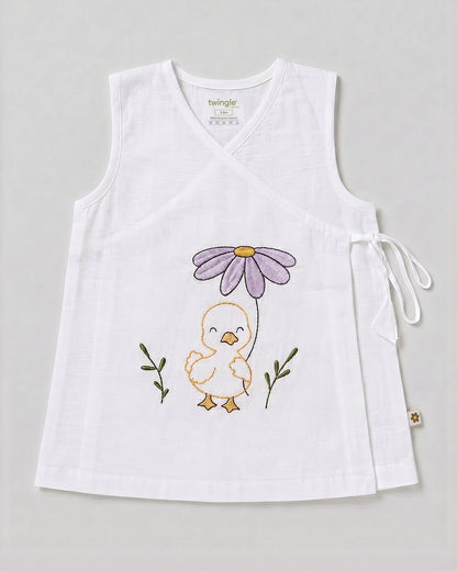 Twingle 100% Organic Cotton Frock Dress With Bloomer-Kimono Opening for Easy Dressing-Sleeveless-Embroidered-Duck-White-For Infants