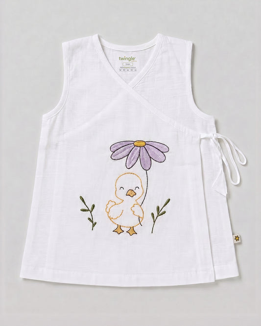 Twingle 100% Organic Cotton Frock Dress With Bloomer-Kimono Opening for Easy Dressing-Sleeveless-Embroidered-Duck-White-For Infants