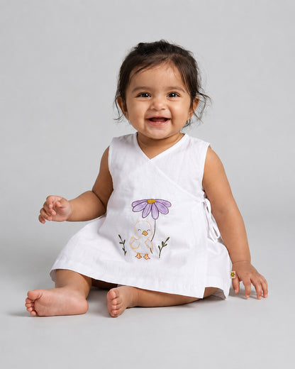 Twingle 100% Organic Cotton Frock Dress With Bloomer-Kimono Opening for Easy Dressing-Sleeveless-Embroidered-Duck-White-For Infants