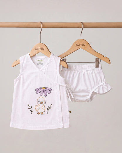 Twingle 100% Organic Cotton Frock Dress With Bloomer-Kimono Opening for Easy Dressing-Sleeveless-Embroidered-Duck-White-For Infants