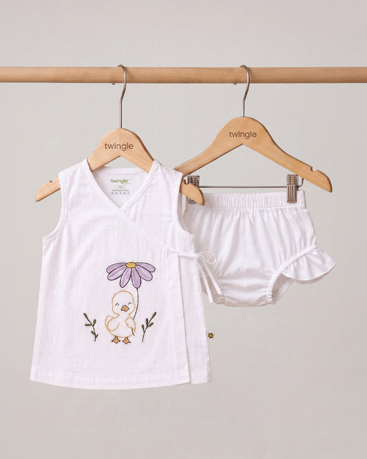 Twingle 100% Organic Cotton Frock Dress With Bloomer-Kimono Opening for Easy Dressing-Sleeveless-Embroidered-Duck-White-For Infants