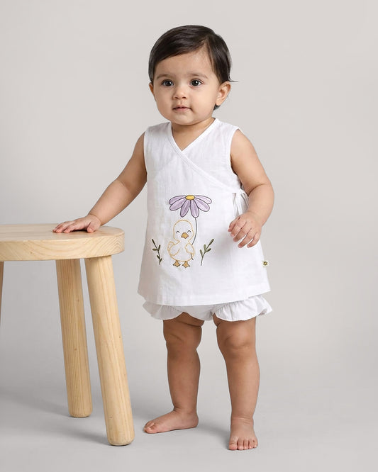 Twingle 100% Organic Cotton Frock Dress With Bloomer-Kimono Opening for Easy Dressing-Sleeveless-Embroidered-Duck-White-For Infants