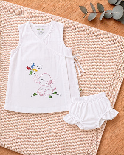 Twingle 100% Organic Cotton Frock Dress With Bloomer-Kimono Opening for Easy Dressing-Sleeveless-Embroidered-Elephant-White-For Infants