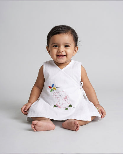 Twingle 100% Organic Cotton Frock Dress With Bloomer-Kimono Opening for Easy Dressing-Sleeveless-Embroidered-Elephant-White-For Infants