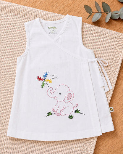 Twingle 100% Organic Cotton Frock Dress With Bloomer-Kimono Opening for Easy Dressing-Sleeveless-Embroidered-Elephant-White-For Infants
