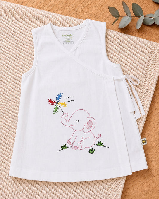 Twingle 100% Organic Cotton Frock Dress With Bloomer-Kimono Opening for Easy Dressing-Sleeveless-Embroidered-Elephant-White-For Infants
